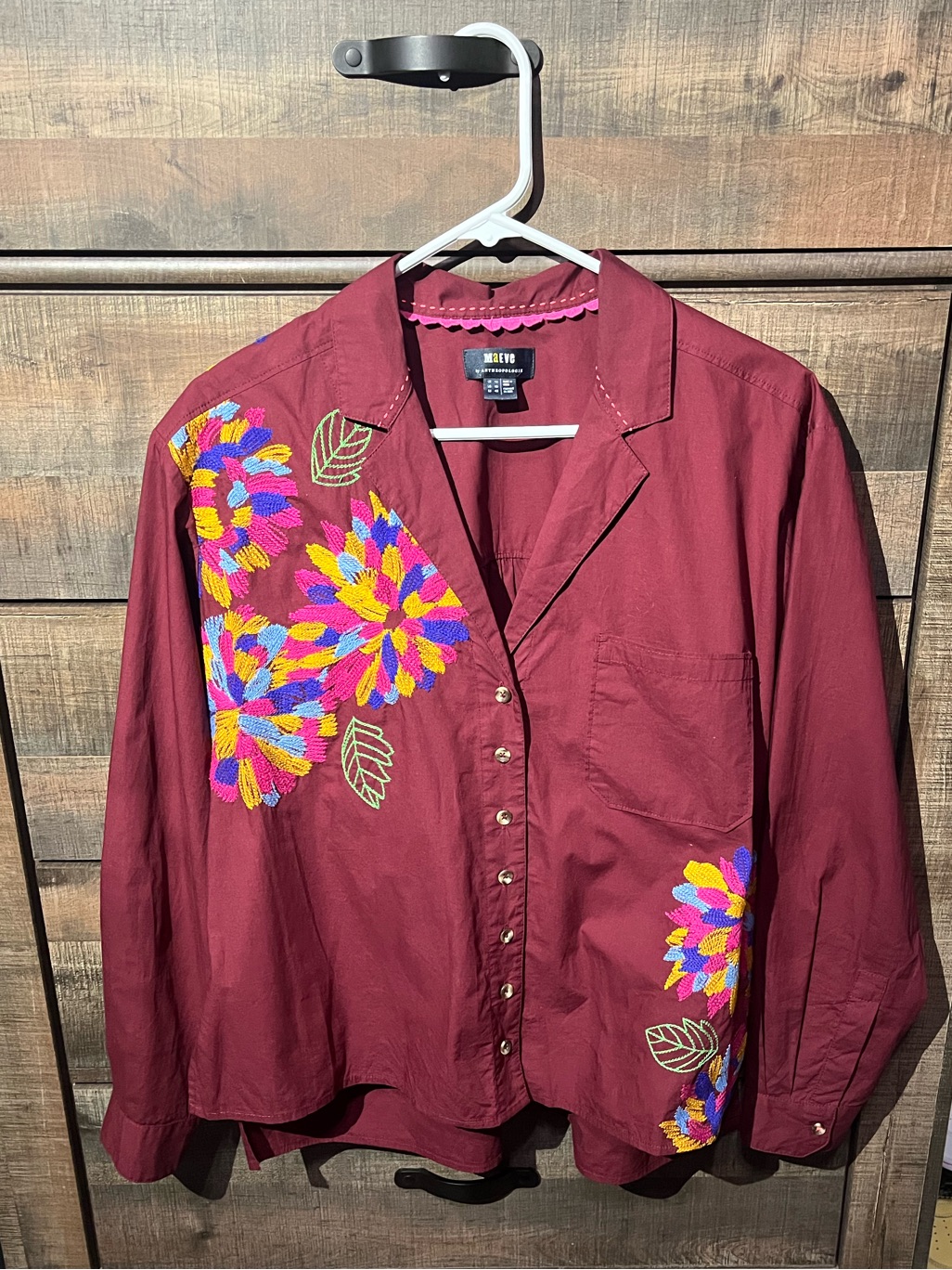 Anthropologie Maeve Burgundy Blouse With Floral Stitching